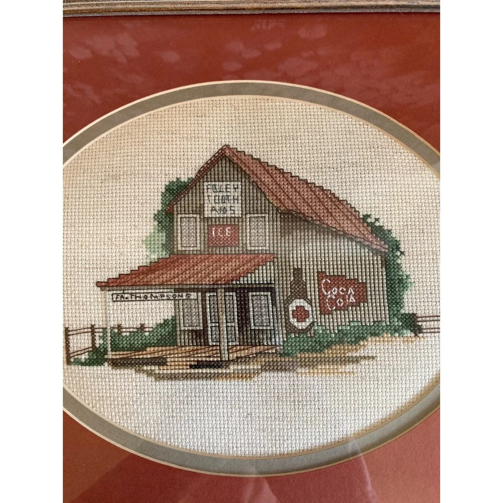 Vintage Framed Cross Stitch Americana General Store Coca-Cola Art 15x12